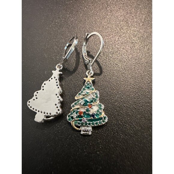 Christmas Tree Rhinestone Earrings Leverback Closure - Picture 3 of 6